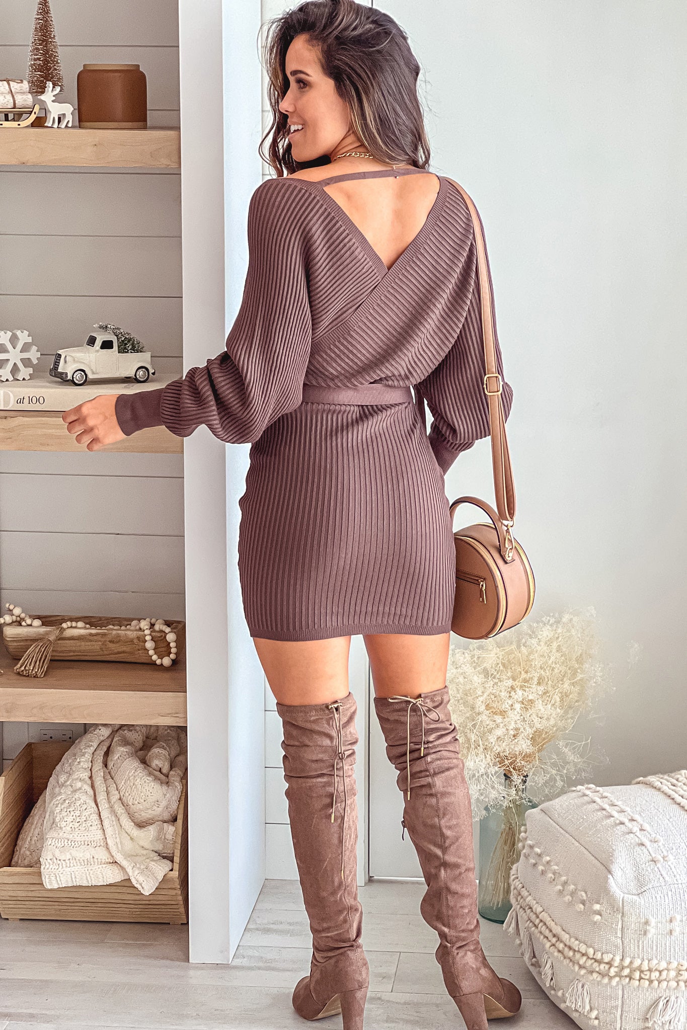 Coco Brown Ribbed Short Dress with Long Sleeves | Short Dresses – Saved by  the Dress